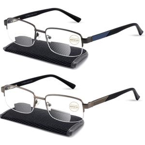 Missfive 2-Pack Mens Premium Bifocal Reading Glasses Blue Light Blocking, Computer Readers Metal Frame with No Broken Spring Hinge, Far/Near Dual-use Eyeglasses 1 Blue & 1 Silver, 2.0x