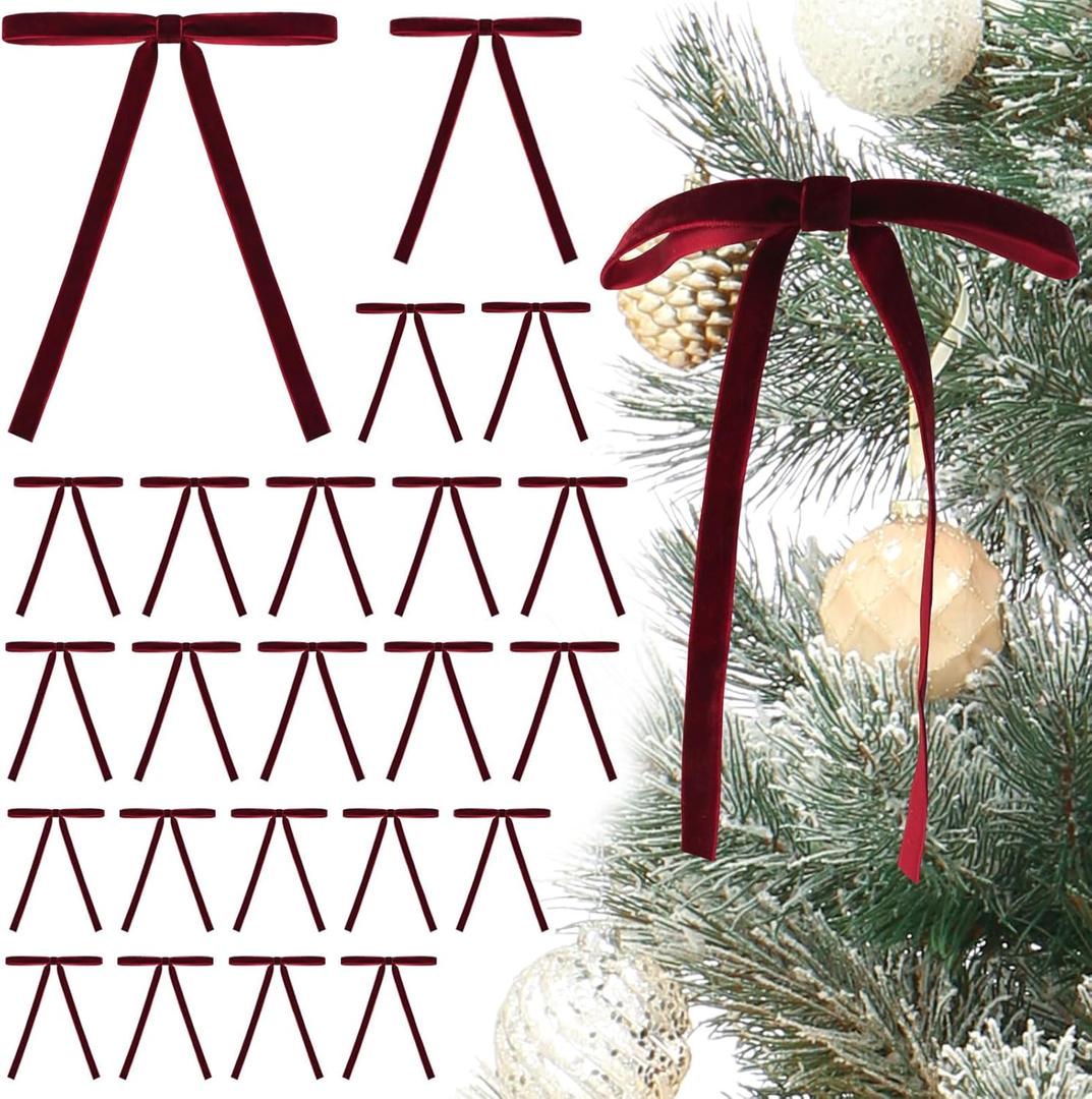 24 Pcs Burgundy Velvet Bows for Christmas Tree,Dark Red Velvet Bows Ornaments Christmas Tree Bow for Gift Wrapping Door Vintage Garland Wreath,Rustic Holiday Decor-3/8'' Wide, 5 x 7 inch