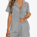 Ekouaer Womens Pajama Sets 2 Piece Cotton Pjs Button Down Sleepwear Short Sleeve Lounge Set with Pockets,(Large, Grey)