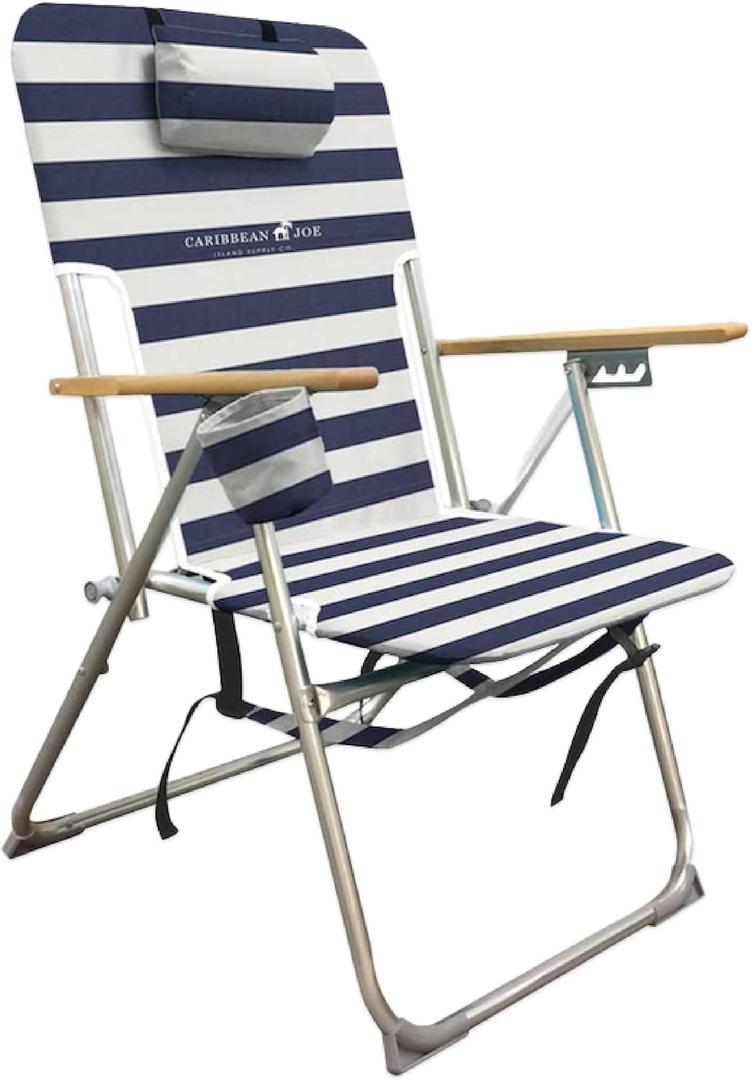 CARIBBEAN JOE Folding Beach Chair, 4 Position Portable Backpack Foldable Camping Chair with Headrest, Cup Holder, and Wooden Armrests, 300lbs Capacity