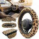 5 Pcs Fuzzy Animal Print Car Accessories Set, Soft Fluffy Plush Steering Wheel Cover, Center Console Armrest Pad & Rearview Mirror Cover - Interior Decorations for Women,Universal Fit (Leopard Print)