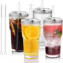 Glass Cups with Lids and Straws  20oz Glass Tumbler with Straw and Lid, Reusable Iced Coffee Cup, Smoothie & Tea Glass, Ideal for Home, Office, Travel, 4 Pack