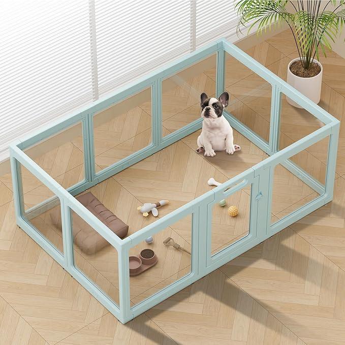 Clear Acrylic Dog Playpen Indoor, Puppy Cat Small Pet Play Pen, Pet Cat Playpen for Rabbits, Dog Fence Crate Kennel Whelping Cage (Green, 10 Panel)