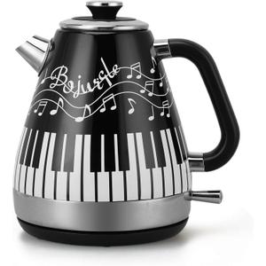 Electric Kettle with Piano & Musical Notes Design, 1.7L Stainless Steel Interior, 1200W Fast Water Boiler for Tea & Coffee, Cordless with Auto Shut-Off, Unique Musician Gift & Kitchen Decor