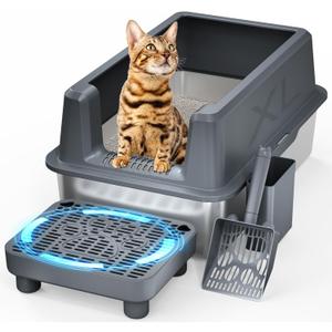 Enclosed Stainless Steel Cat Litter Box with Lid, Extra XL Large Metal Litter Box with High Sided, Easy Clean, Odorless, Anti-Urine Leakage, Includes Scoop (Darkgray)