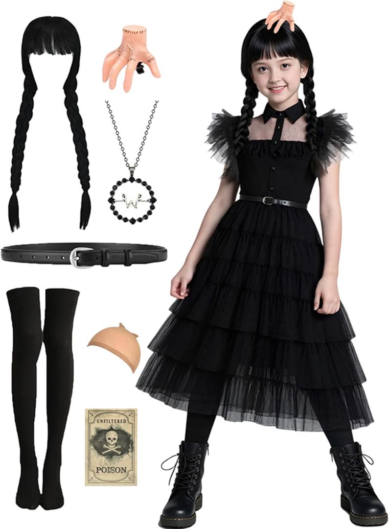 Girls Halloween Costumes Princess Kids Long Black Dress with Wig Accessories Cute Dress Up Birthday Outfits,   110 (3-4 Years)