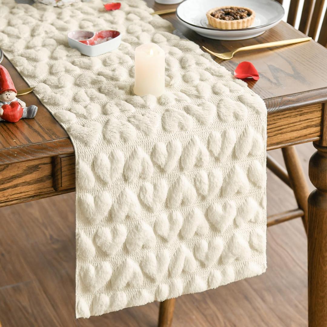 Artoid Mode Beige Soft Plush Faux Fur Jacquard Heart Valentine's Day Table Runner, Seasonal Kitchen Dining Table Decoration for Home Party Decor 13x36 Inch