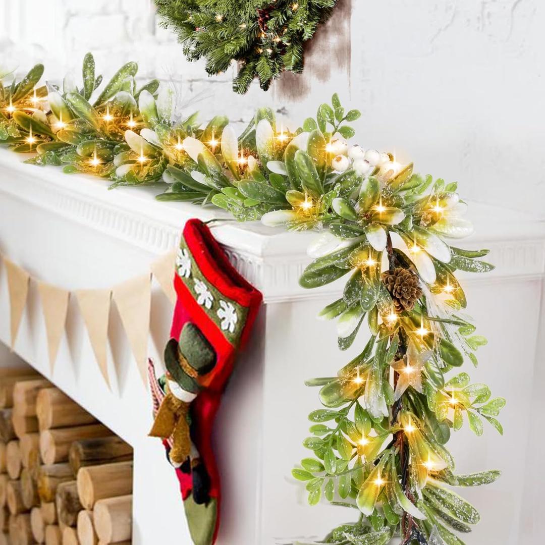 6.5FT Christmas Garland with Lights & Timer, 30 LED Pre-lit Lighted Greenery Olive Garland for Mantle, Battery Operated White Berry Garland with Snow Pinecone for Table Fireplace Door Stairs
