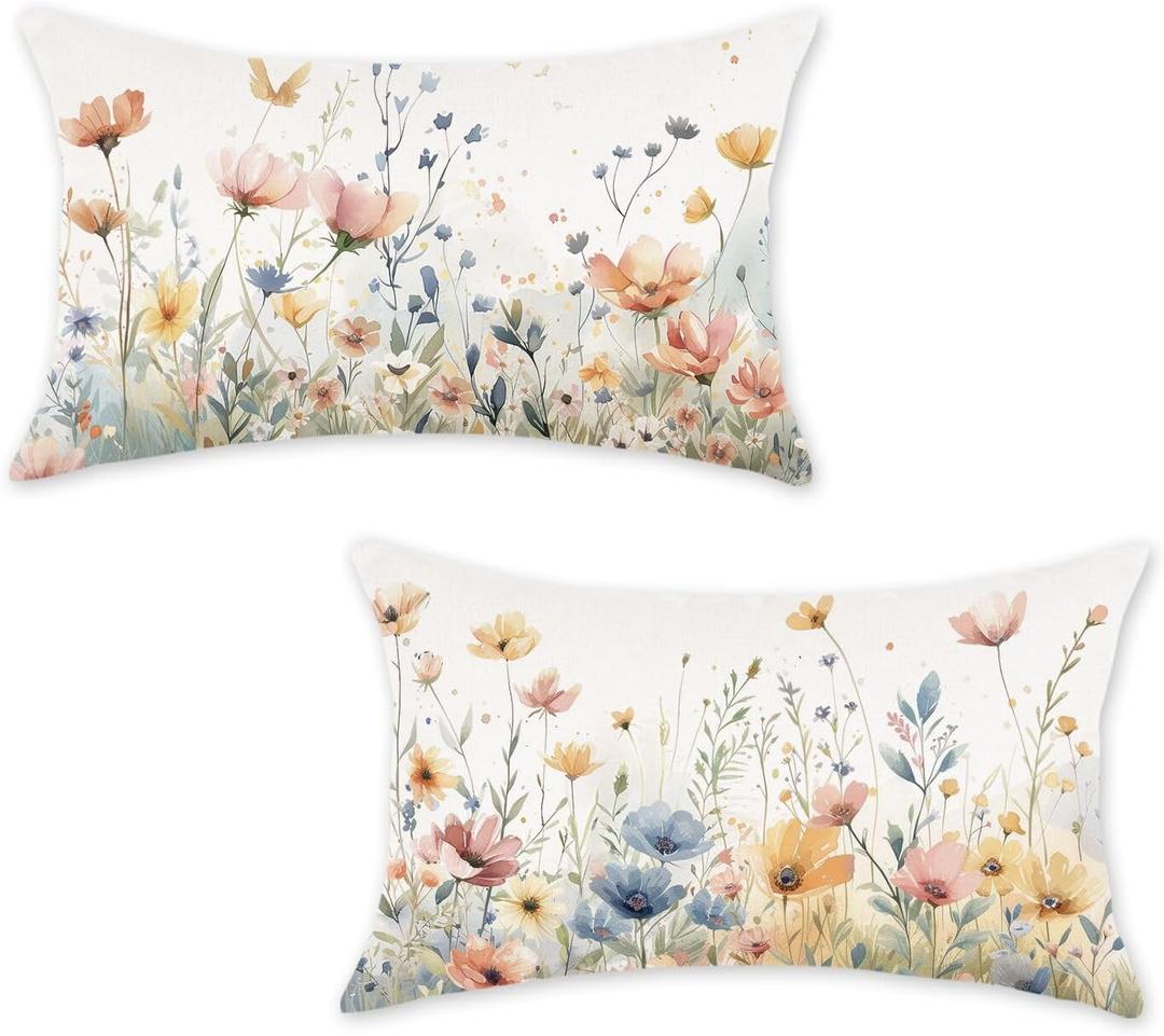 ONWAY Spring Floral Pillow Covers 12x20 Inch Watercolor Flowers Decorations Farmhouse Summer Outdoor Patio Cushion Case for Sofa Couch Home Set of 2