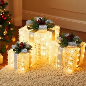 Christmas Lighted Gift Boxes, 3 Pieces Lighted Gift Boxes 11" 9" 7" with Pre-Lit Mini String Lights Outdoor Christmas Decorations (Silver Bow)
