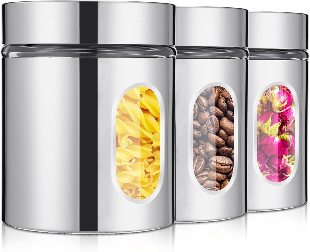 Mimorou 3 Pcs Stainless Steel Canister Set with Glass Windows Visible Storage Jars Silver Kitchen Canister Set for Pasta Flour Oat Sugar Container, Kitchen Tools, Housewarming Gifts (20 Oz)