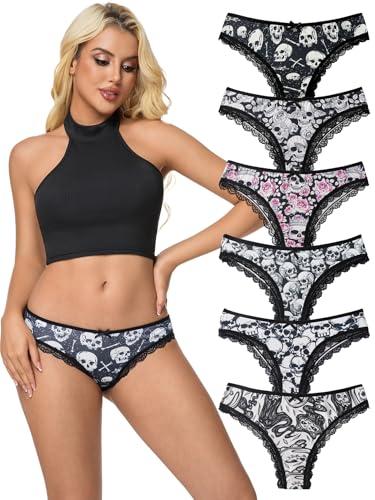 6pcs Women Underwear Gothic Sexy Halloween Skulls Roses Allover Print Contrast Lace Hipsters Panties Large