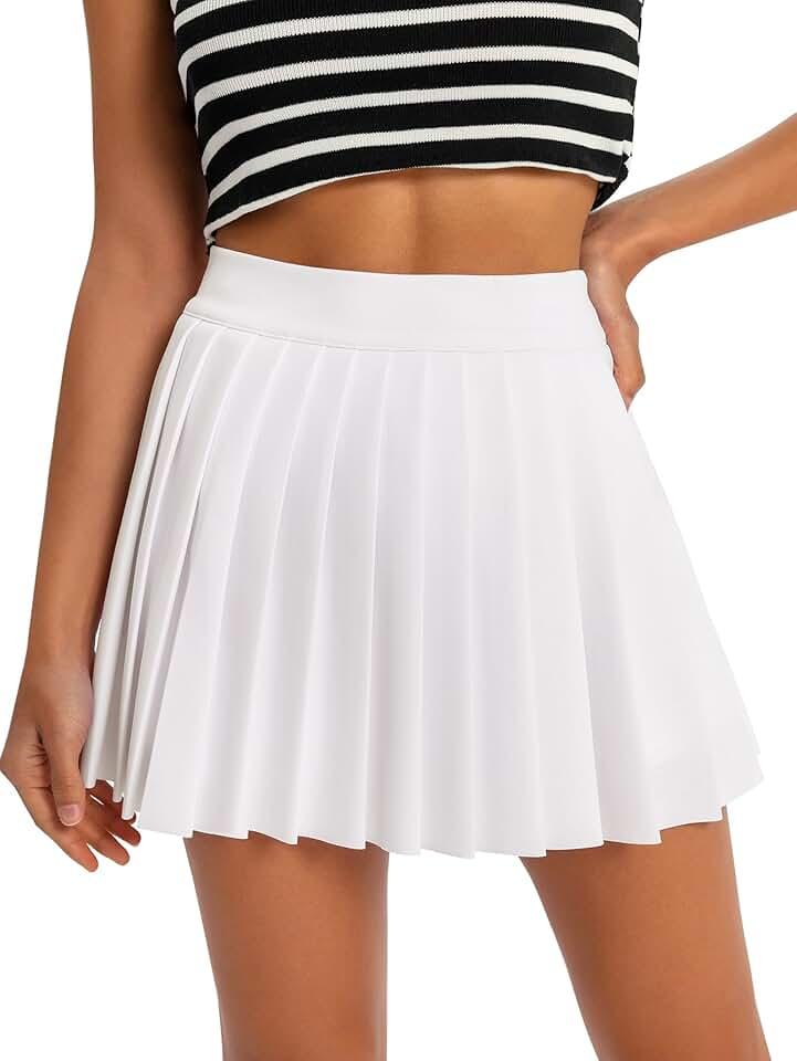 Women's High Waisted Pleated Tennis Skirt School A-Line Skater Mini Skirt with Built-in Shorts Lining (Ivory, L)
