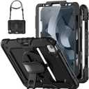 HXCASEAC Case for iPad Air 5th/4th Gen 10.9 inch, Shockproof Design with Pencil Holder, Screen Protector, Hand Strap, Protective Air 5/4 Case (A2316 A2324 A2588 A2589 A2591 A2072 A2325) - Black (Black+Black)