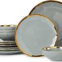 Pokini Porcelain Luxury Dinnerware Sets, Modern Plates and Bowls Sets for 4, Highly Chip and Crack Resistant, Grey and Gold Rim China Dishes Set for Wedding Anniversary