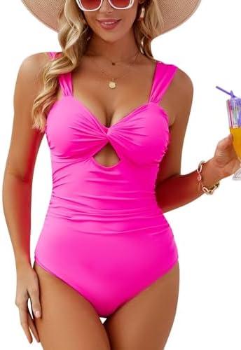 VIMPUNEC Women One Piece Tummy Control Swimsuit High Waisted Bathing Suit Cut Out Swimwear L, Pink