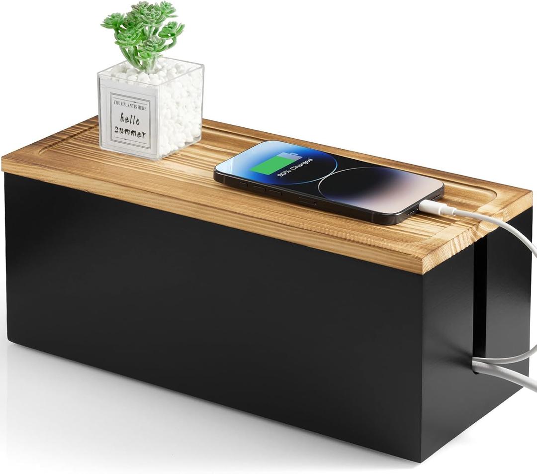 Large Wood Cable Management Box - Cable Organizer Box - 2 Open Slots Cords Hider Box - Under Desk Cord Organizer for Power Strip Extension Cord Surge Protector Charger Wire, Black