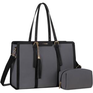 LOVEVOOK Laptop Bag for Women - 15.6 inch Lightweight Canvas Laptop Tote, Large Capacity Computer Bag with Clutch Purse for Business, Work, Travel, School (Iron Blue Grey & Black, 15.6 Inch)