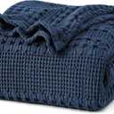 PHF 100% Cotton Waffle Weave Blanket King Size, Soft Lightweight Breathable Cozy Summer Blankets for Bed, Luxury Aesthetic Woven Bedding for Home Decor, 108"x90", Bright Navy Blue