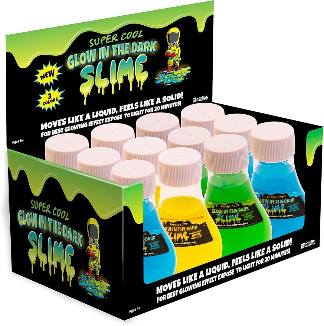 Kangaroo 12 Pack Slime Toy (Glow in Dark Slime), 12 Bottles Glow Slime, Blue, Yellow & Green