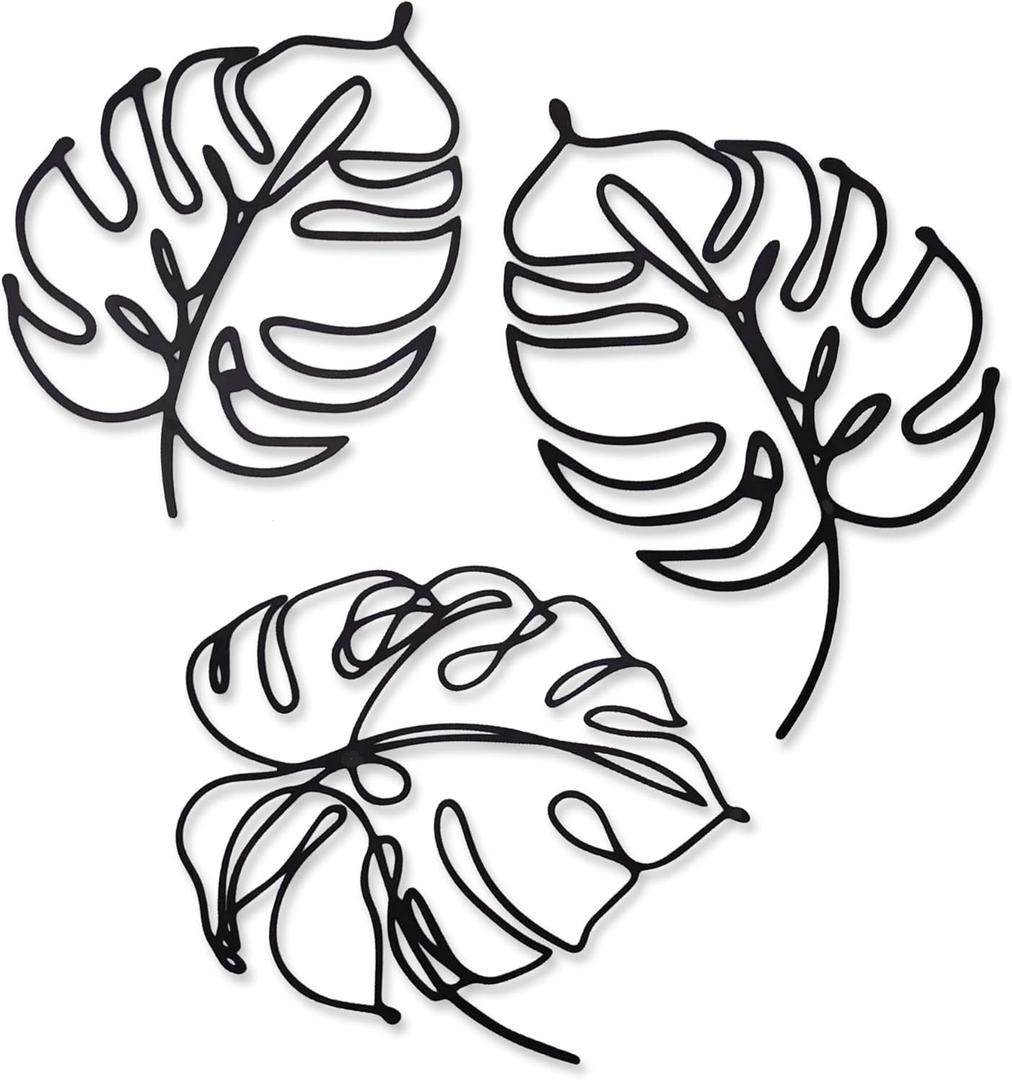 Monstera Leaf Metal Wall Decor - Tropical Plant Line Art Decor for Living Room Kitchen Bedroom Garden Office, Minimalist Wall Accents,3 Pcs Metal Palm Leaves Wall Decor (7.32" to 11.81" Sizes, Black)