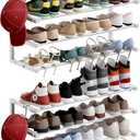 2 Pack Wall Mounted Shoe Rack, 4 Tier Hanging Shoe Rack Holds 32 Pairs, 17"-30" Adjustable Heavy Duty Wall Shoe Shelf with 4 Storage Hooks, Space Saving for Closet Entryway, White