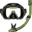 Snorkel Set Adults Snorkeling Gear Anti-Leak and Anti-Fog Tempered Glass Lens Panoramic View Swim Mask Dry Top Snorkel Kit for Snorkeling Scuba Diving Swimming Travel with Carry Bag (Army Green+Black)