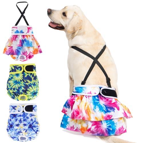 Avont 3 Pack Washable Female Dog Diaper with 1 Suspender, Reusable Girl Doggie Underwear Pants for Heat Cycle Period Incontinence Detachable Strap -Tie-dye Pattern XL