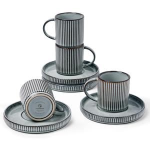 famiware Star Espresso Cups and Saucers Set of 4, [ Mini ] 3 oz Ceramic Small Coffee Mug with Handle, Ribbed Stoneware Demitasse Cup for Tea, Latte - Microwave & Dishwasher Safe - Smoky Blue