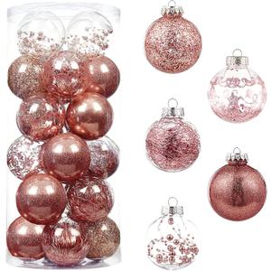 80mm/3.14 Christmas Ball Ornaments Shatterproof Clear Plastic Christmas Tree Decoration Xmas Balls Baubles Set with Stuffed Delicate Decoractions (Rose Gold 24 Counts)