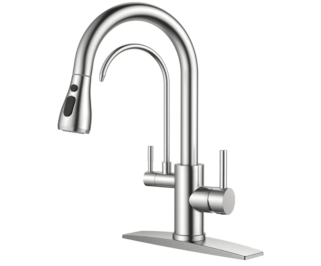 FORIOUS Kitchen Faucets with Water Filter, 2 in 1 Stainless Steel Pull Down Sink Faucet and Purfied Water Faucet High Arc Single Handle with Detachable Deck for 1 or 3 Hole, Brushed Nickel