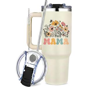 Mama Tumbler Gifts40oz Tumbler with Handle for Moms, Travel Tumbler Gifts for Mother's Day women Birthday Christmas, Mama s Gift from daughter and Son,Creamy-Mama