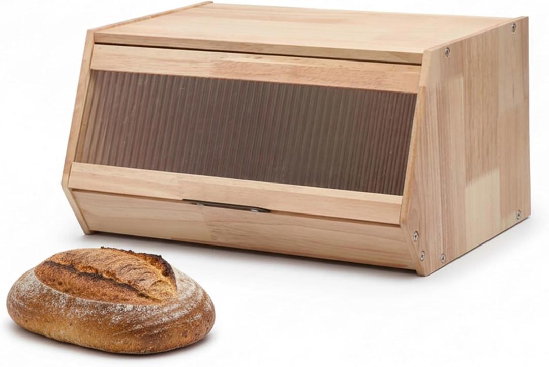 LIBKEN Bread Box  Durable Wooden Bread Bin with Secure Plastic Lid, Scandinavian-Inspired Design for Kitchen Countertop  Stylish Storage for Bread & Pastries