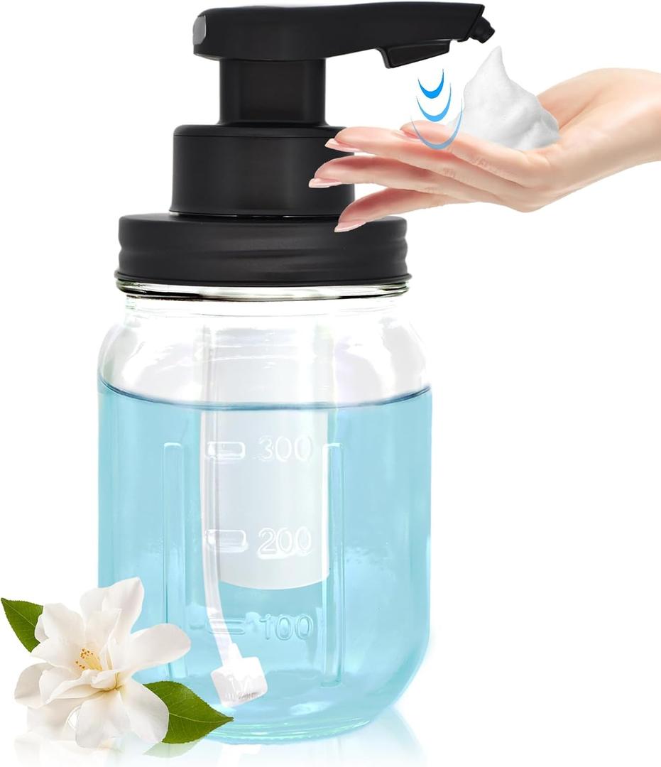 12 oz Automatic Touchless Foam Glass Soap Dispenser, Rechargeable Hands Free Liquid Mason Jar Soap Dispenser with Electric Sensor Pump, Refillable Lotion Bottle for Bathroom Kitchen Countertop