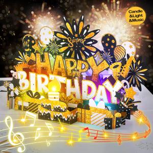 Birthday Card | Musical Pop Up Birthday Cards w Light | Blow Out LED Light Candle & Play Happy Birthday Music Pop Up Card | Greeting Cards Gifts for Him or Her | Black Gold (Blowable Candle)