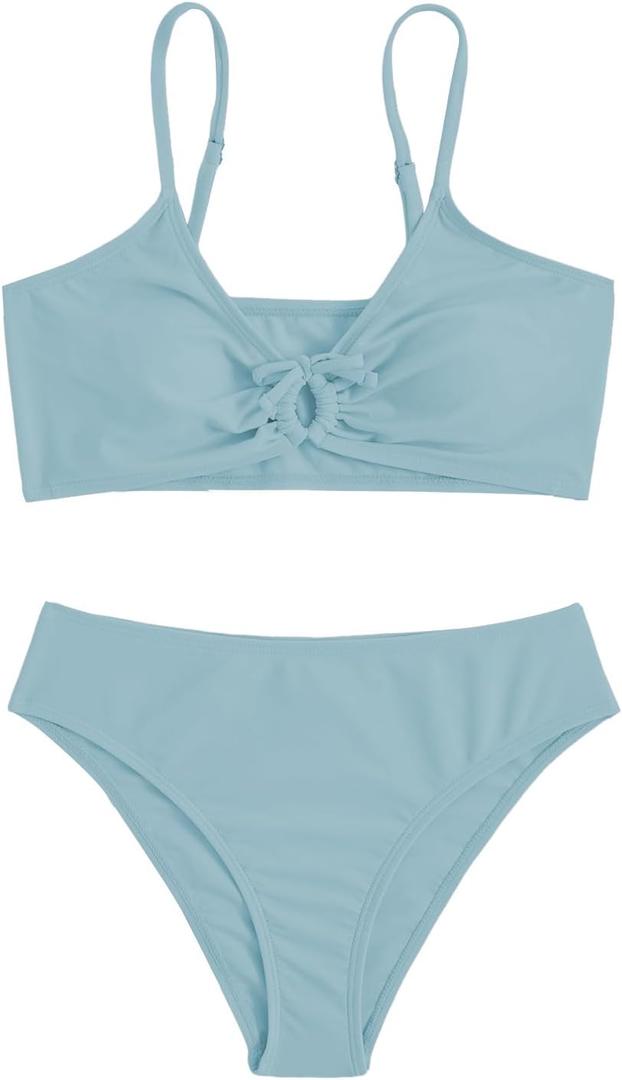 OYOANGLE Girl's 2 Piece Solid Bikini Set Sport Swimsuit Ruched Tie Front Bathing Suit Swimwear (Light Blue)
