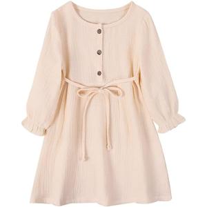 Toddler Baby Girl Cotton Linen Dress Long Sleeve Crew Neck Dresses Button Down Dresses Casual Spring Fall Dress (4-5T, Beige)
