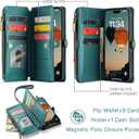 Defencase Compatible with iPhone 17 Case Wallet with RFID Blocking Card Holder for Women and Men, Fashion PU Leather Magnetic Snap Flip Zipper Strap Wallet Phone Case for iPhone 17 6.3", Blue Green