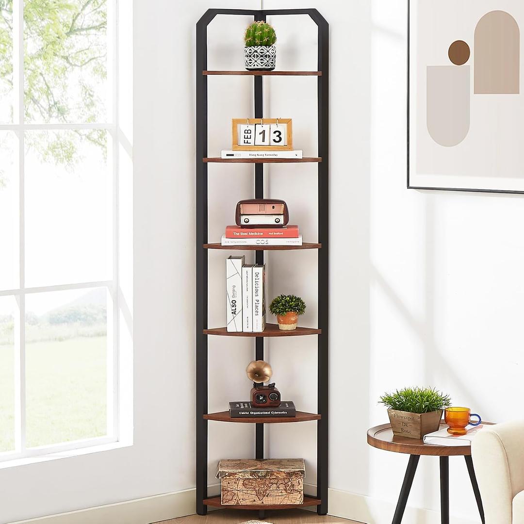 MNEETRUNG 71" Corner Shelf,6 Tier Industrial Corner Bookshelf, Freestanding Shelf Stand for Small Space,Home Office,Living Room,Bedroom,Brown