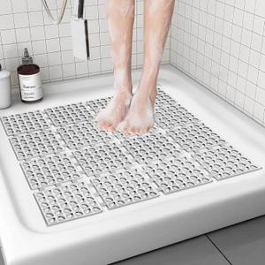 Shower Mat Non Slip24"X24" Bathtub Mat Non Slip Square Shower Mats for Inside Shower with Drain Holes Suction Cups, Quick Drain, TPE Shower Floor Mat for Elderly & Kids (Light Gray)