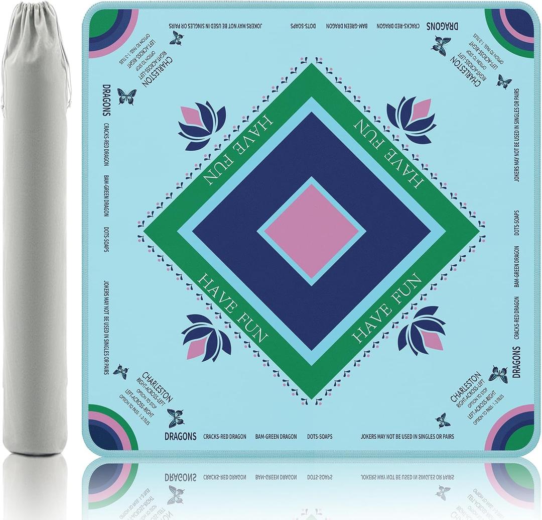 Turquoise Mahjong Mat with Lotus & Butterfly Artwork - 32.4x32.4 Inch Hand-Painted Style Rubber Mat, Zen Decor Waterproof Surface, Anti-Slip Foldable Design for Asian-Themed Game Nights (Blue-green)