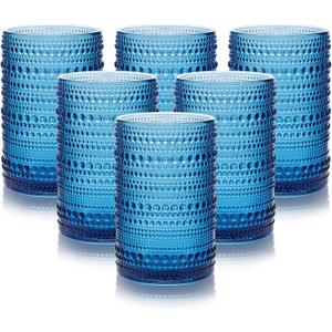 HomeVogue Hobnail Drinking Glasses Set of 6,15 oz Vintage Glassware Set Cocktail Glass Set, Embossed Grey Water Tumbler,for Beer, Whiskey,Juice and Various Mixed Drinks (15OZ Blue): Highball Glasses