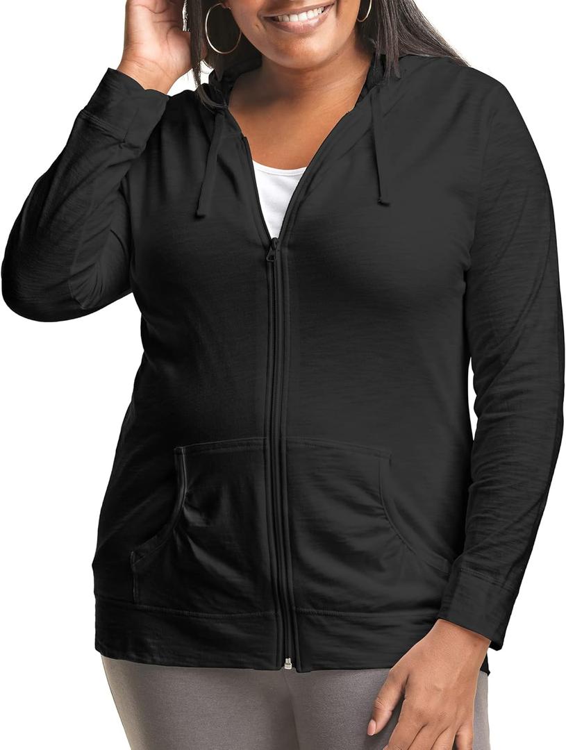 JUST MY SIZE Women’s Slub-Cotton Full-Zip Lightweight Hoodie – 24 Black, 3X (US Plus Size)