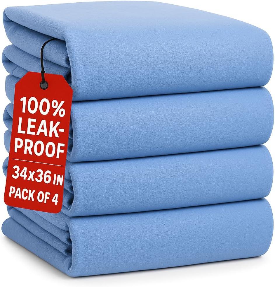 Epicessentials Incontinence Bed Pads Washable Waterproof Mattress Protector 34" x 36" Holds Up to 6 Cups - 500 GSM Heavy Absorbency Pee Pads for Adults, Dogs and Kids Bedwetting - 4 Pack - Green/Blue