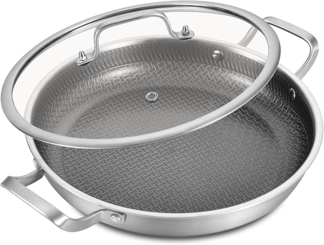 LOLYKITCH 12 In Nonstick Frying Paella Pan with Side Handles & Lid, Ceramic Coating, Tri-ply Stainless Steel, Induction Compatible, PFOA-free, Oven Safe to 600F, Dishwasher-safe
