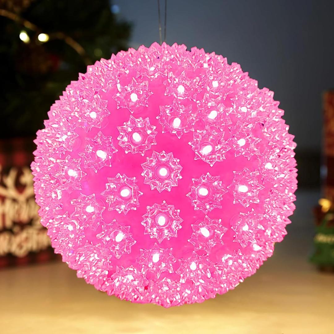 LED 6in 50 Light Starlight Sphere, LED Light Ball Sphere Light, Pink, Christmas Light Ball, 5ft Hanging Cord with S Hook, 12ft Power Cord with Stackable Plug