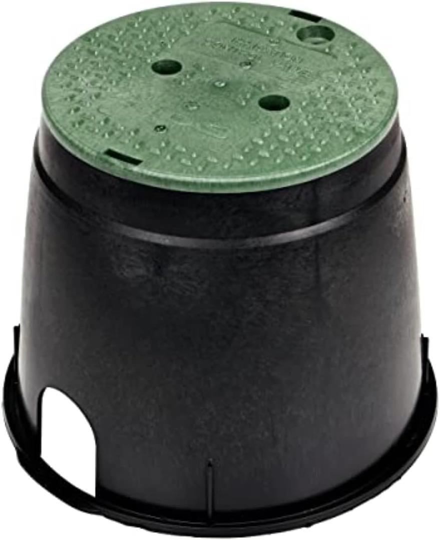 NDS 111BC 10 in. Round Standard Series Valve Box and Cover, 10 in. Height, Irrigation Control Valve Lettering, Black Box, Green Overlapping Cover, Black/Green