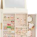 Lifewit 360 Rotating Jewelry Box, Top Magnetic Box wth Mirror, 2 Sides Plus 2 Large Drawers, Jewelry Organizer and Storage Case for Ring Necklace Earring Bracelet, Gift Idea, Creamy White