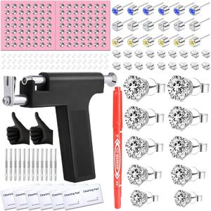 Professional Ear Piercing Kit with 63 Pairs of Cubic Zirconia Stones Ear Stud Earrings with Multi Purpose Black Reusable Ear Piercing Gun Silver Sticks for Salon & Home Piercings