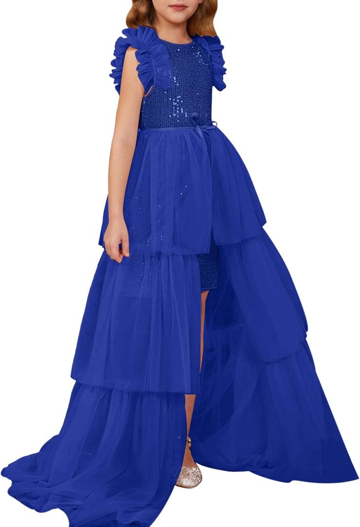 GRACE KARIN Girls Dresses Sequin Party Formal Pageant Dress Tween Girl Birthday Tulle Prom Princess Maxi Dress (7-8 Years, Royal Blue)